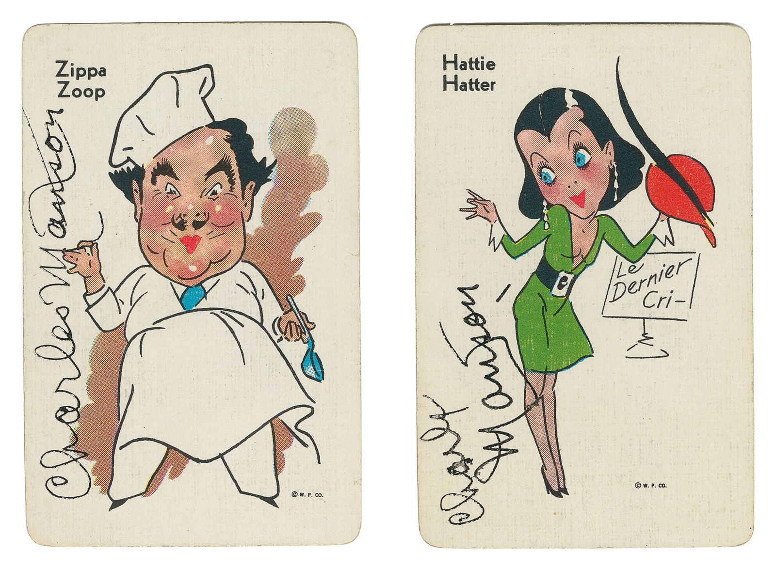 Charles Manson two signed playing cards.: Charles Manson two signed playing cards. Two Old Maid game cards, "Hattie Hatter" and "Zippa Zoop," signed in ink by Manson along the edge. 3 1/4 x 2 1/4".
