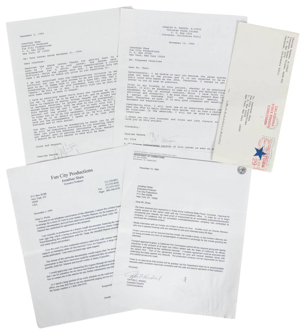 Charles Manson and Jonathan Shaw Documentary Correspondence. Corcoran State Prison, New York: 1994.: MANSON, Charles (American, 1934-2017) and SHAW, Jonathan (American, b. 1953). Charles Manson and Jonathan Shaw Documentary Correspondence. Corcoran State Prison, New York: 1994. A small archive of