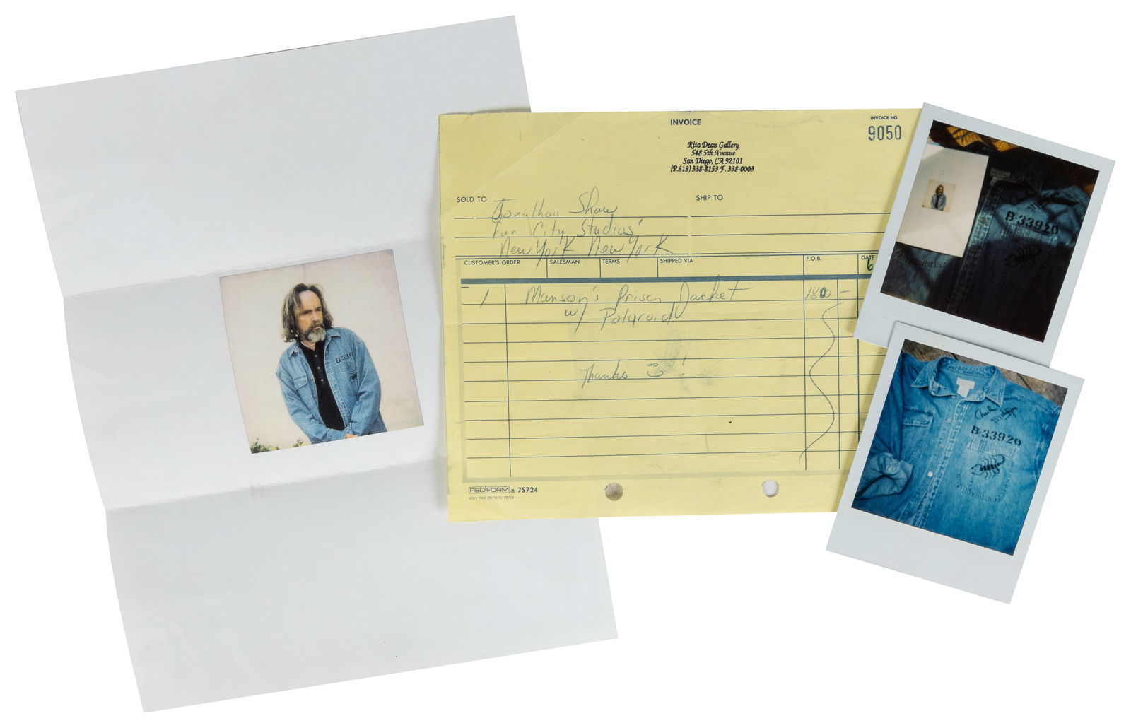 Charles Manson Prison-Issued Denim Jacket Purchase Invoice & Polaroids: MANSON, Charles (American, 1934-2017) and SHAW, Jonathan (American, b. 1953). Items documenting the acquisition of a signed prison-issued denim jacket worn by Charles Manson, accompanied by Polaroid