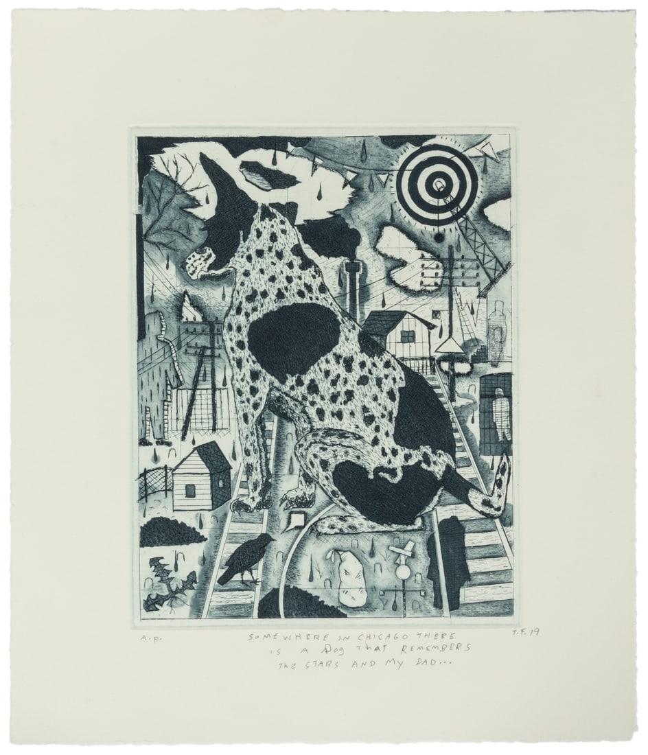 FITZPATRICK, Tony (1958 - 2025). Somewhere in Chicago There Is A Dog That Remembers the Stars and My: FITZPATRICK, Tony (1958 - 2025). Somewhere in Chicago There Is A Dog That Remembers the Stars and My Dad. Etching, titled lower center, initialed "T.F. 19" lower right and "A.P." lower left. 15 3/4 x
