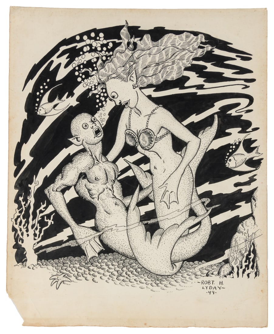 LYDAY, Robert H. Untitled (Merfolk Couple), Back Piece Tattoo Flash.: LYDAY, Robert H. Untitled (Merfolk Couple), Back Piece Tattoo Flash. Signed and dated 49. Pen and ink on paper. 14 1/2 x 11 3/4". Provenance: Collection of Jonathan Shaw.