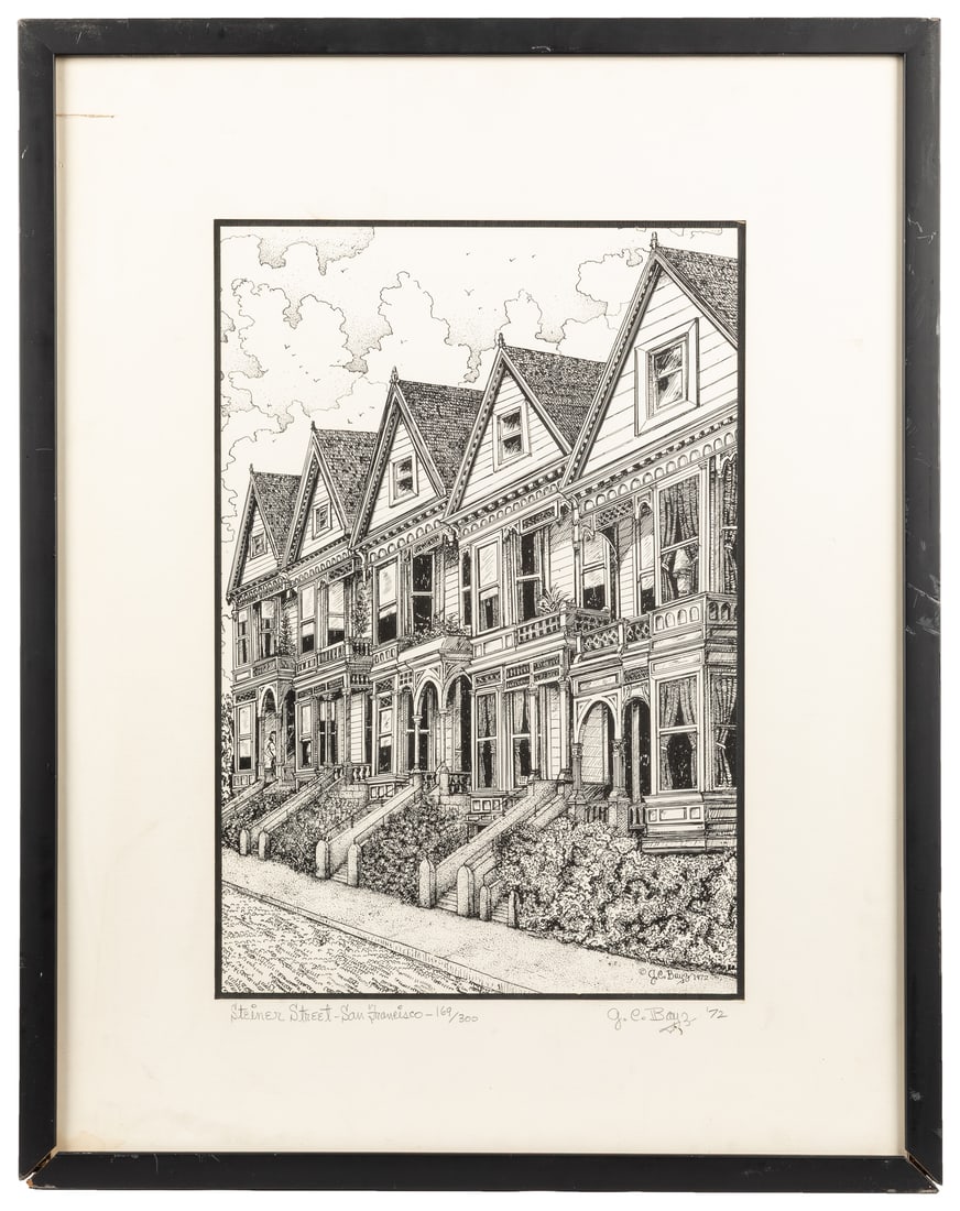 BAYZ, Gus C. (20th Century). Steiner Street - San Francisco.: BAYZ, Gus C. (American, 20th Century). Steiner Street - San Francisco. Signed and dated 1972 in the print. Further signed, dated '72, numbered 169/300, and inscribed with the title on the mount.