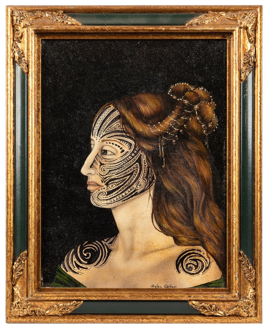GARBER, Helen (1976 - ). Untitled (Portrait of Tattooed Woman).: GARBER, Helen (American, b.1976). Untitled (Portrait of Tattooed Woman). Signed. Oil on canvas. 11 3/4 x 8 1/2". Including frame 15 x 12 x 1 1/2". Provenance: Collection of Jonathan Shaw.