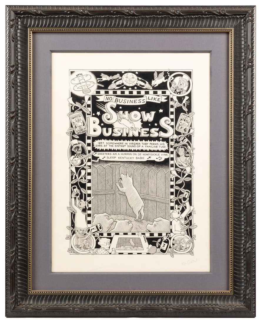 DEITCH, Kim (American. b. 1944). No Business Like Show Business.: DEITCH, Kim (American. b. 1944). No Business Like Show Business. Signed. Ink and pencil. Features Toby the pig and the text "Somewhere in Virginia Toby perks his ears at the distant sound of a