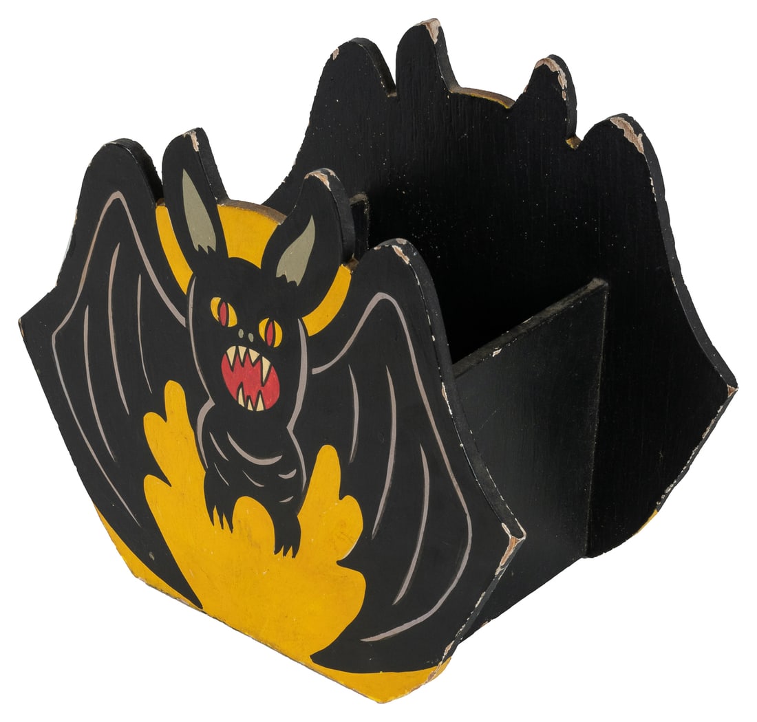 John Baker Hand-Painted Figural Bat Canister, 1988: John Baker Hand-Painted Bat Canister, 1988. Signed and dated on the underside. Hand-painted wood table top canister with bat motif to both ends. 8 1/2 x 8". Scattered chips of paint loss along the