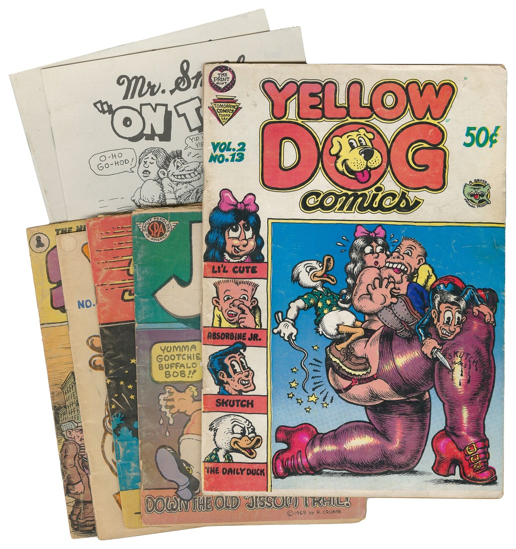 CRUMB, Robert (1943 - ). Group of 7 comics.: CRUMB, Robert (1943 - ). Group of 7 comics. Lot includes: Snatch Comics #1 (1968), SIGNED by Crumb on title page, dated 1990; Jiz Comics (1969); Mr. Snoid "On Top" (2001), SIGNED by Crumb on cover