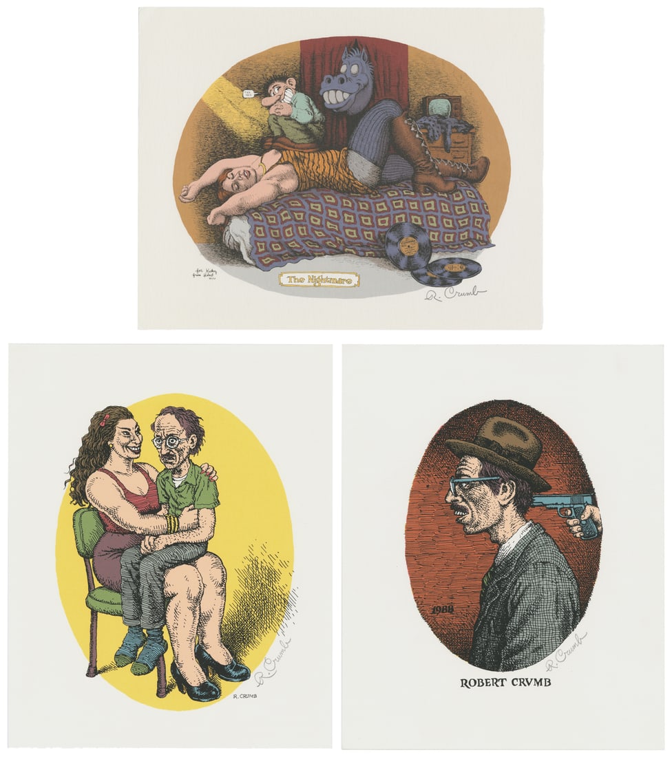 CRUMB, Robert (1943 - ). Three signed lithographs.: CRUMB, Robert (1943 - ). Three signed lithographs. Circa 2000. Includes The Nightmare; Devil Girl; and Self-Portrait. Each pencil signed lower right. 11 3/4 x 9 1/2".