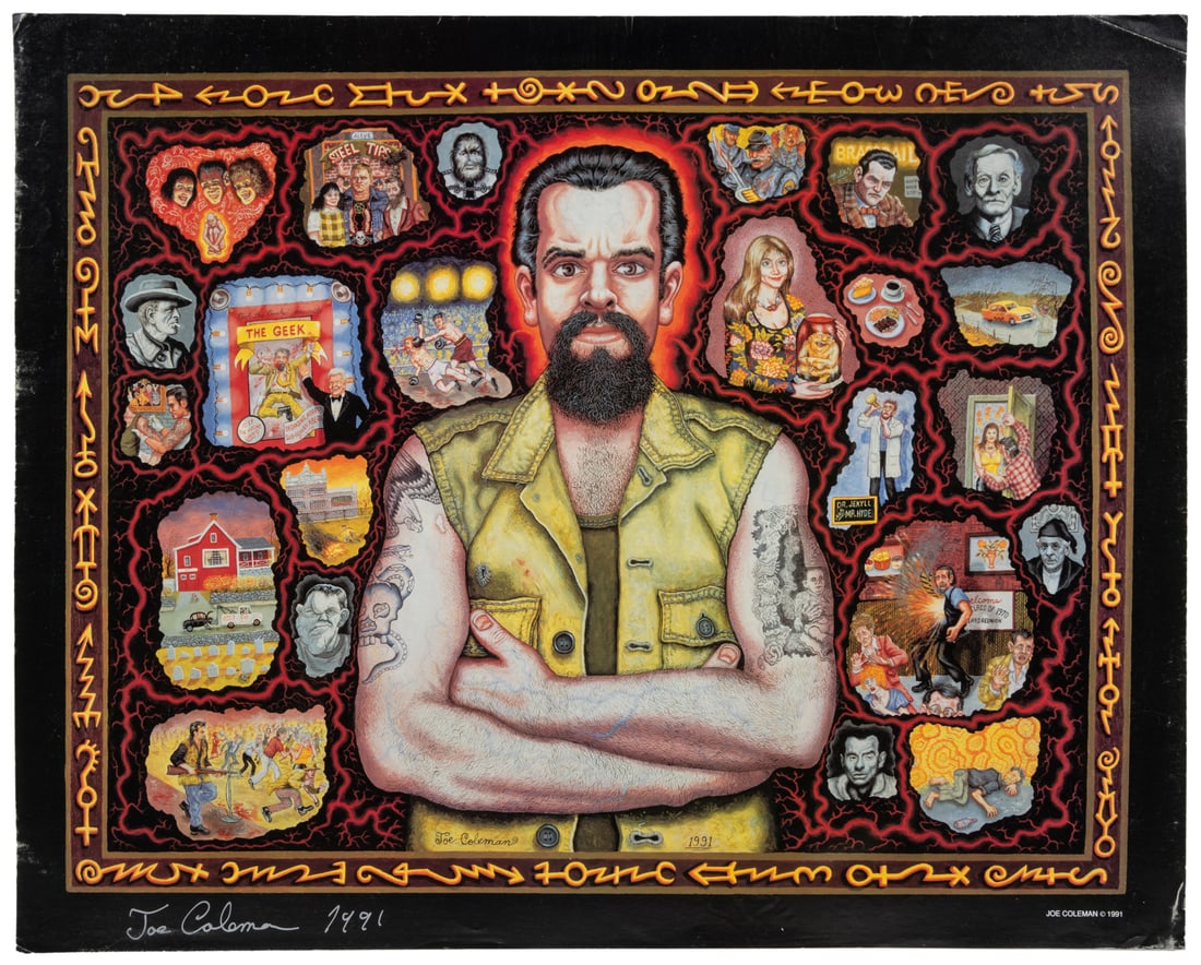 COLEMAN, Joe (1955 - ). Five signed posters. 1991.: COLEMAN, Joe (1955 - ). Five signed posters. 1991. Five copies of a self-portrait poster, signed and dated in silver by Coleman lower left (two signed 1991, three 1997). 18 1/4 x 22 1/2".