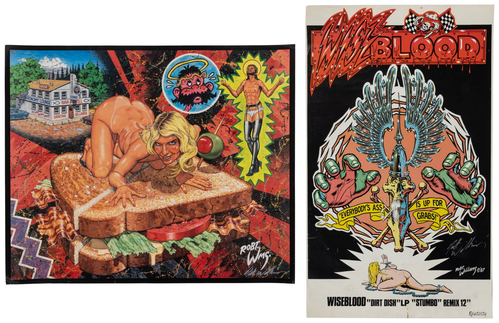 WILLIAMS, Robert (1943 - ). Group of 16 signed posters.: WILLIAMS, Robert (1943 - ). Group of 16 signed posters. Circa 1980s. Including: "Jezebel on a BLT," 15 copies, each signed lower right in silver; and "Wise Blood," 1987, signed in silver lower right.