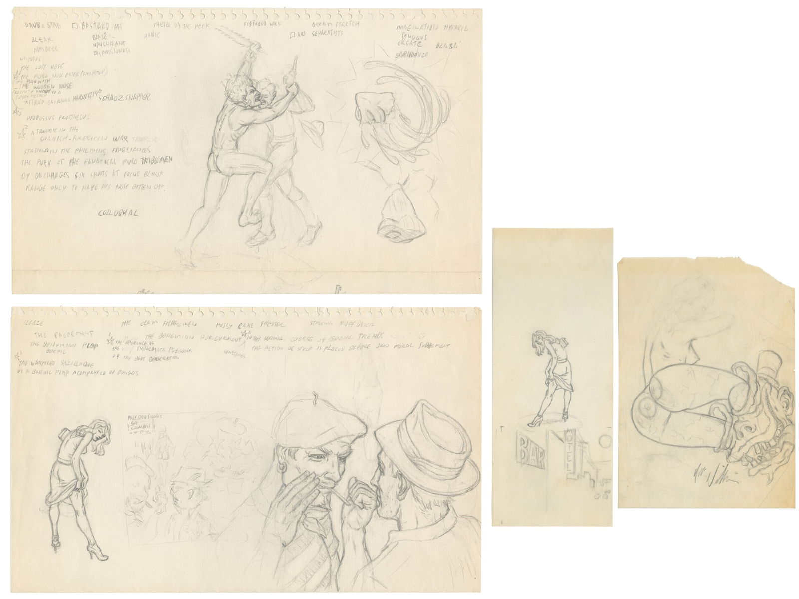 WILLIAMS, Robert (American, b. 1943). Four Sketches.: WILLIAMS, Robert (American, b. 1943). Four Sketches. Pencil on paper and tracing paper. Sketches, annotations, and text. Largest sheet 8 1/2 x 13 3/4". Williams is an American artist and cartoonist. H