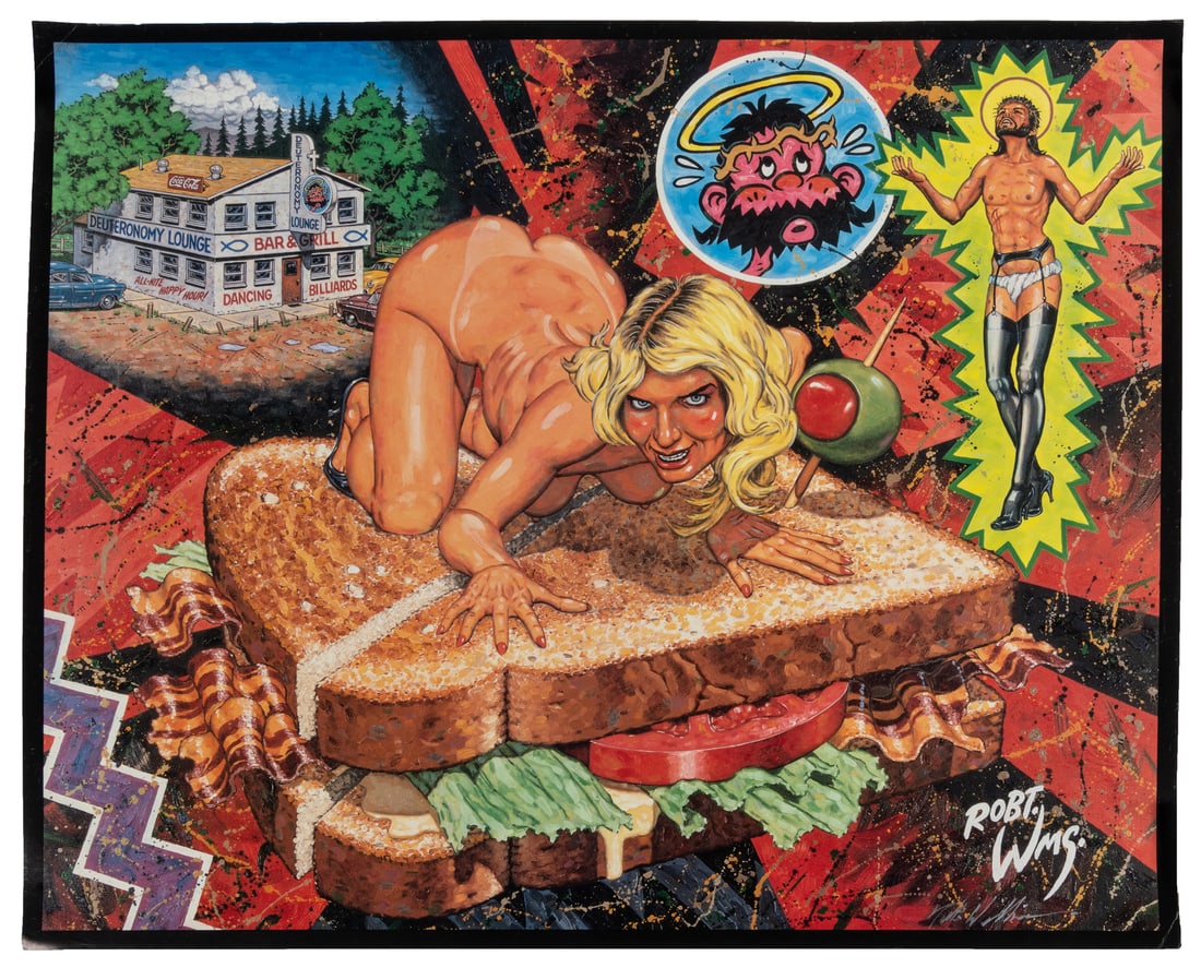 WILLIAMS, Robert (American, b. 1943). Jesus in G-String.: WILLIAMS, Robert (American, b. 1943). Jesus in G-String. Signed in silver pen. Further signed "Robt. Wms." in the print. 18 x 21 1/2".