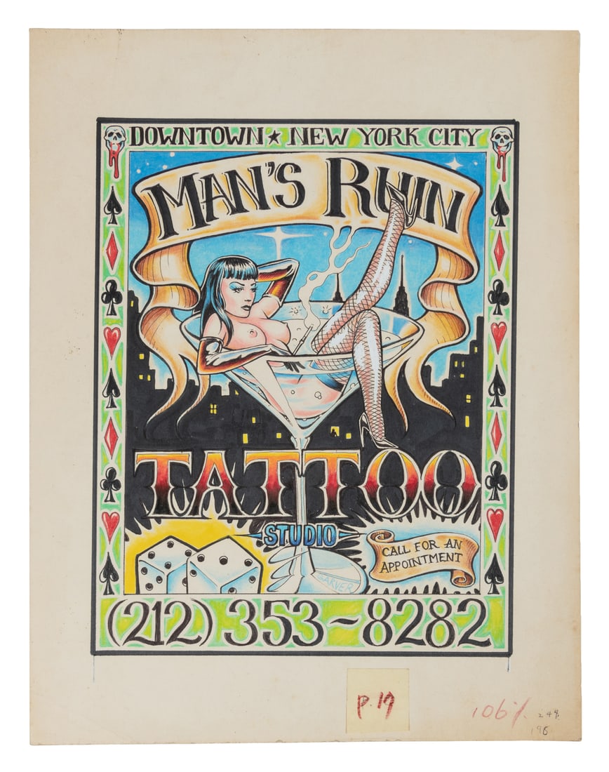 GARVER, Chris (American, b. 1970). Man's Ruin.: GARVER, Chris (American, b. 1970). Man's Ruin. Signed. Mixed media on paper. Original art for an ad for Man's Ruin Tattoo Studio, renamed Fun City 2. Features a pin-up girl in a martini glass. 12 x 9