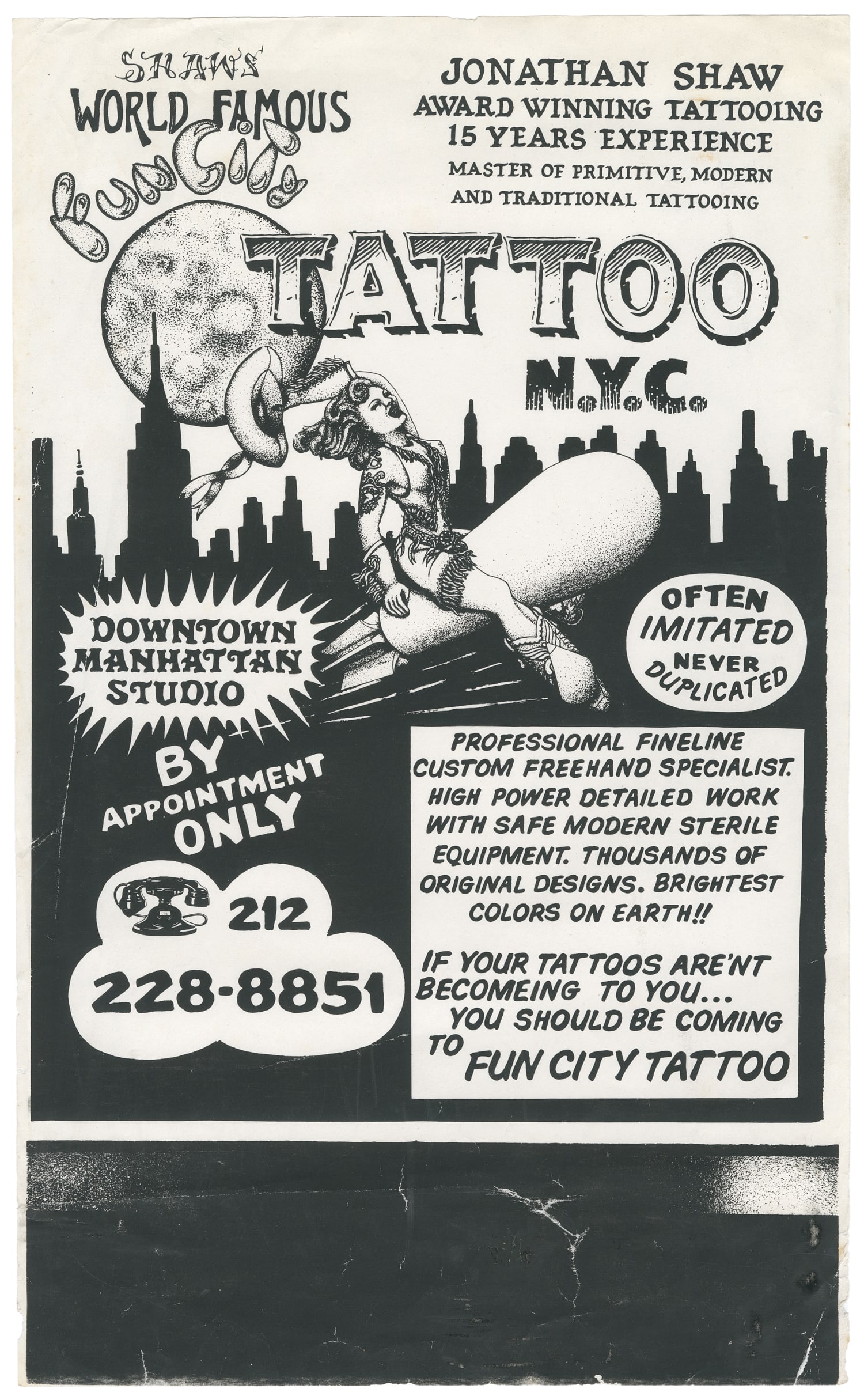 Johnathan Shaw Tattoo Flyer N.Y.C. Circa 1990s.: Johnathan Shaw Tattoo Flyer N.Y.C. Circa 1990s. For Shaw's World Famous Fun City Tattoo Studio. Features a woman dressed as a cowgirl riding a rocket (or bomb) like a horse with the NYC skyline in