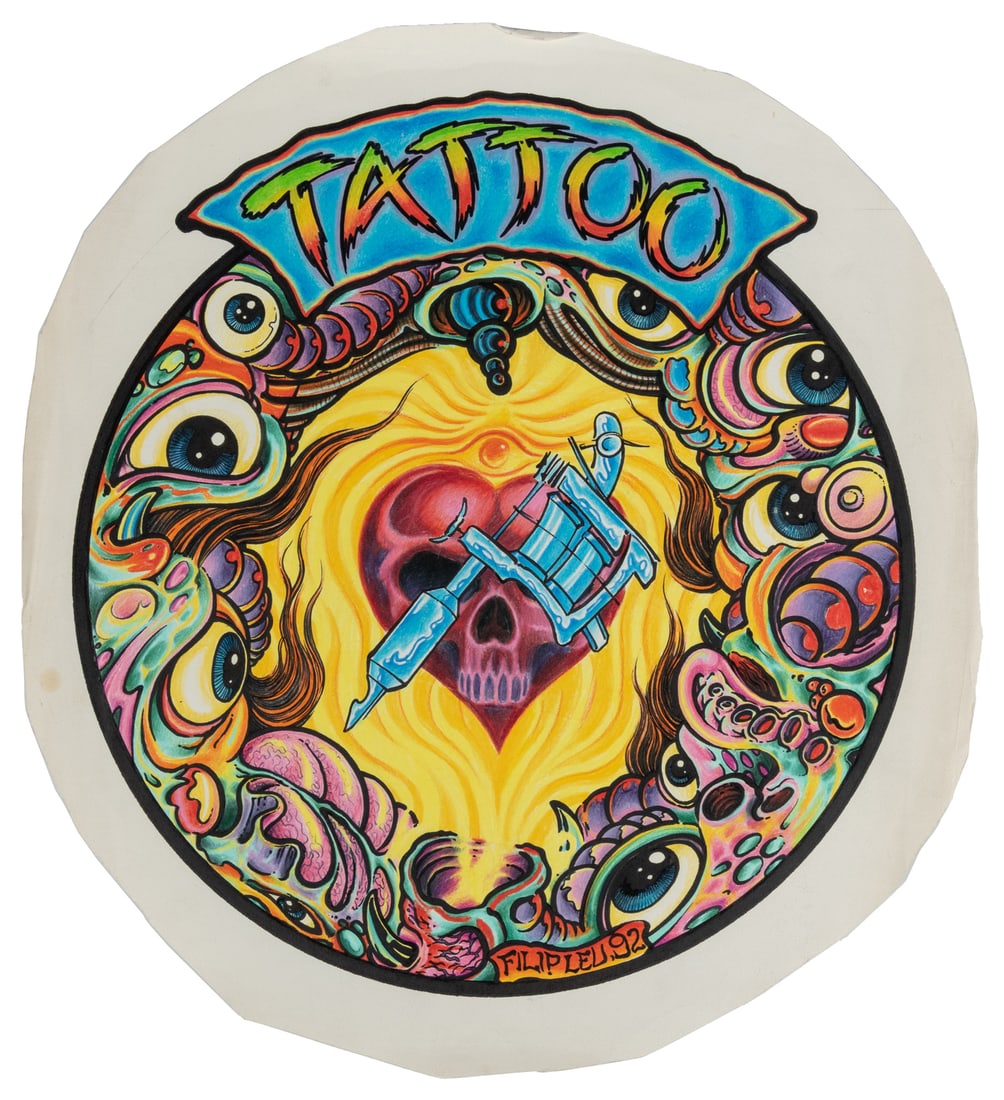 LEU, Filip (French, b. 1967). Tattoo.: LEU, Filip (French, b. 1967). Tattoo. Signed and dated 92. Mixed media on paper. Features a psychedelic design centered around a skull heart and tattoo machine, surrounded by surrealist eye imagery.