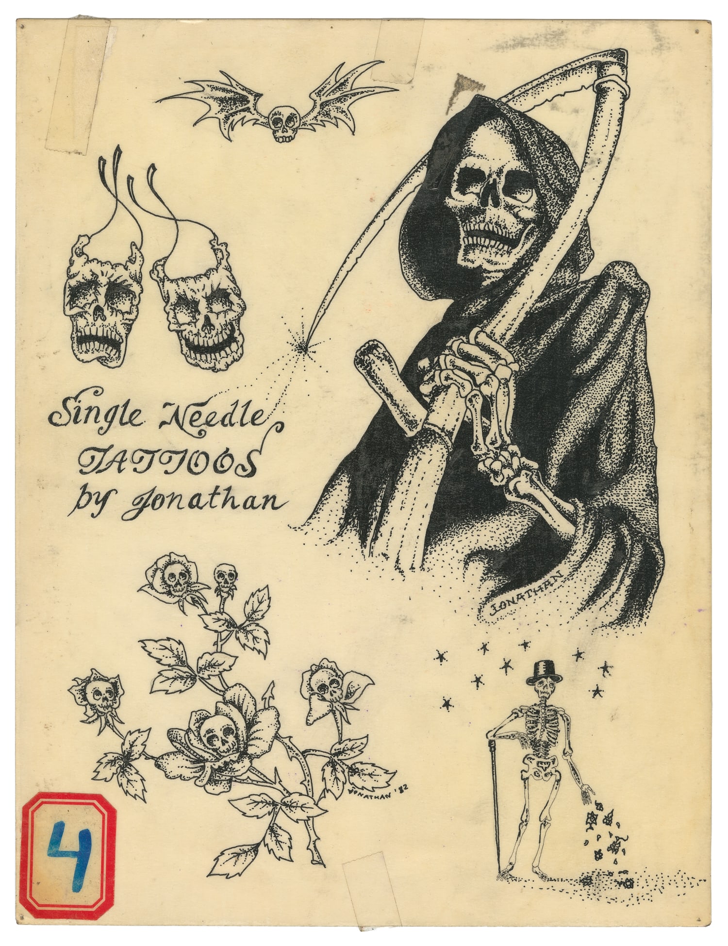 SHAW, Jonathan (1953 - ). Grim Reaper and other tattoo designs flash sheet. 1982.: SHAW, Jonathan (1953 - ). Grim Reaper and other tattoo designs flash sheet. 1982. Ink on paper with lamination. Signed and dated in the lower left design. 10 3/4 x 8 1/4".