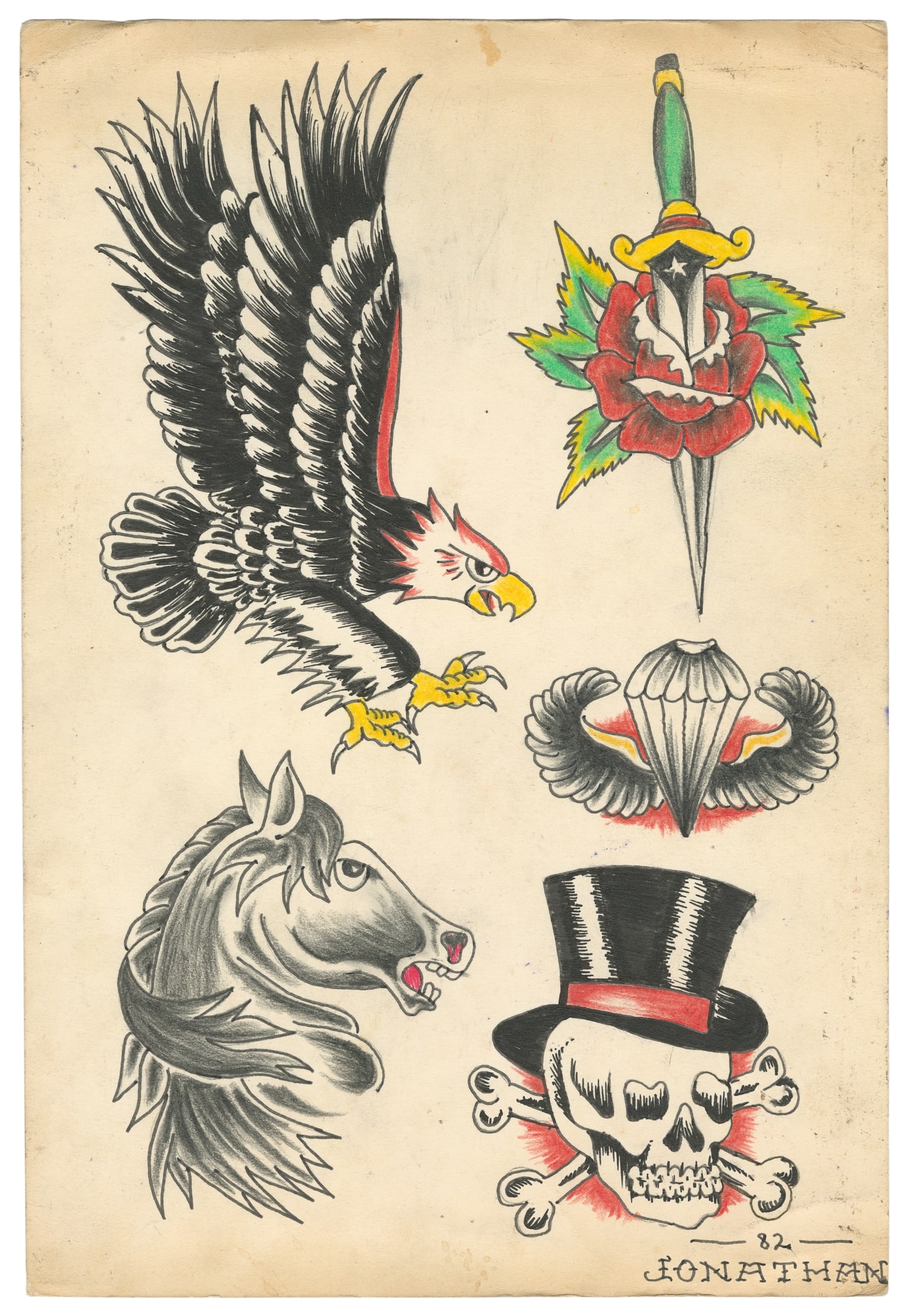 Eagle, Skull, and other tattoo designs flash by Jonathan Shaw. 1982. (1 of 1)