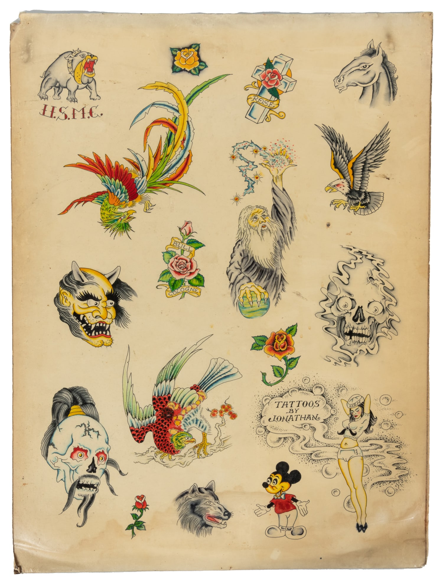SHAW, Jonathan (1953 - ). Tattoo designs flash sheet. New Orleans, ca. 1983.: SHAW, Jonathan (1953 - ). Tattoo designs flash sheet. New Orleans, ca. 1983. Ink and watercolor on Crescent board, with various traditional designs including bird of paradise, Japanese mask and skull,