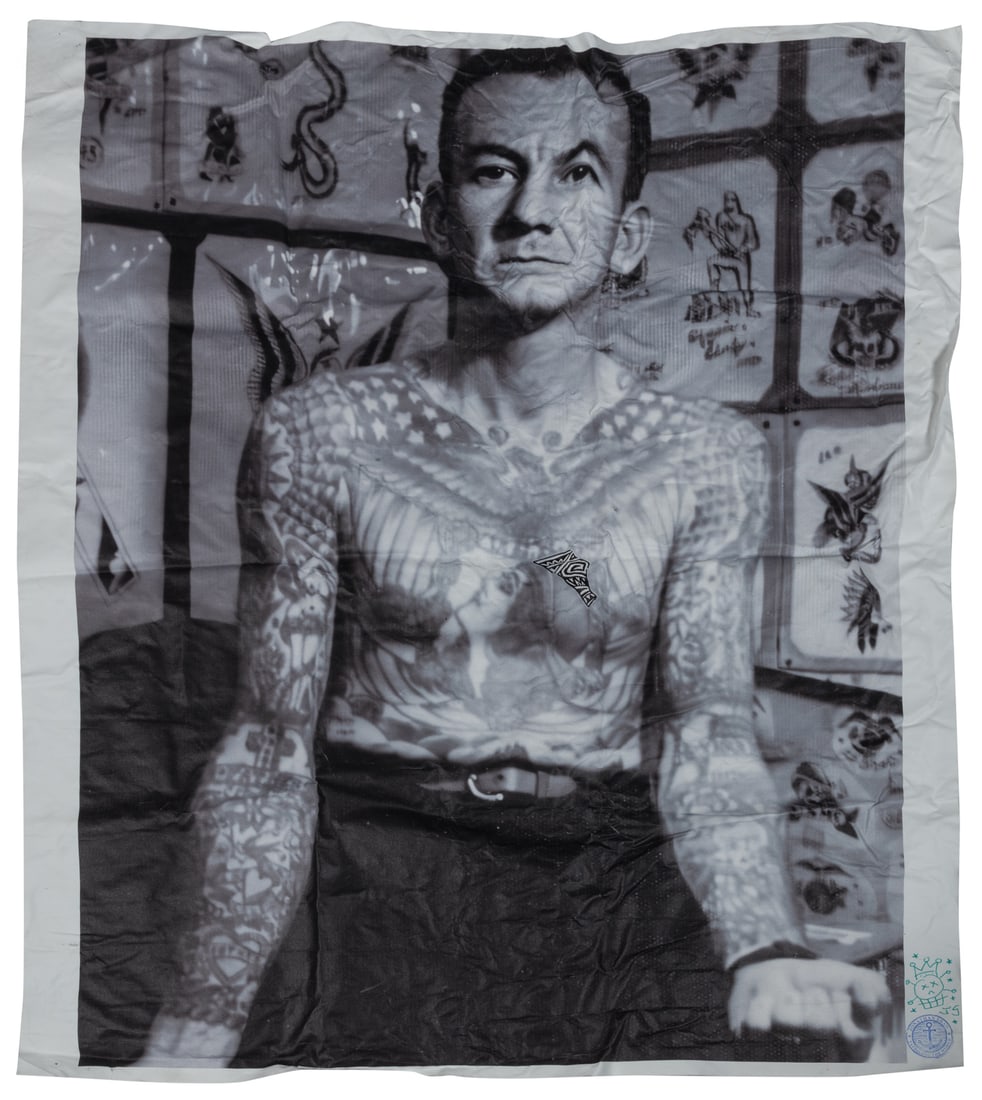 SHAW, Jonathan (American, b. 1953). Hand-Embellished Bob Shaw Photograph on Canvas: SHAW, Jonathan (American, b. 1953). Bob Shaw. Signed and bears the artist's stamp. Large canvas with printed black-and-white photograph of Bob Shaw (1926-1993) with some hand painting by Jonathan