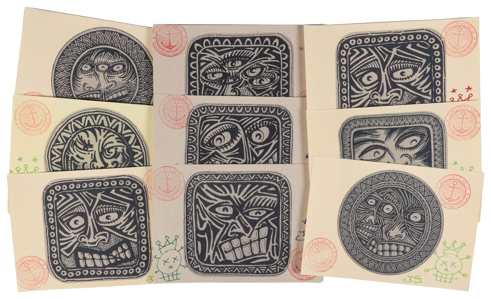 SHAW, Jonathan (1953 - ). Over 30 prints.: SHAW, Jonathan (1953 - ). Over 30 prints. Approximately 39 prints, including some duplication, with hand-stamps and inked initials/monograms in various colors. 8 1/4 x 12".