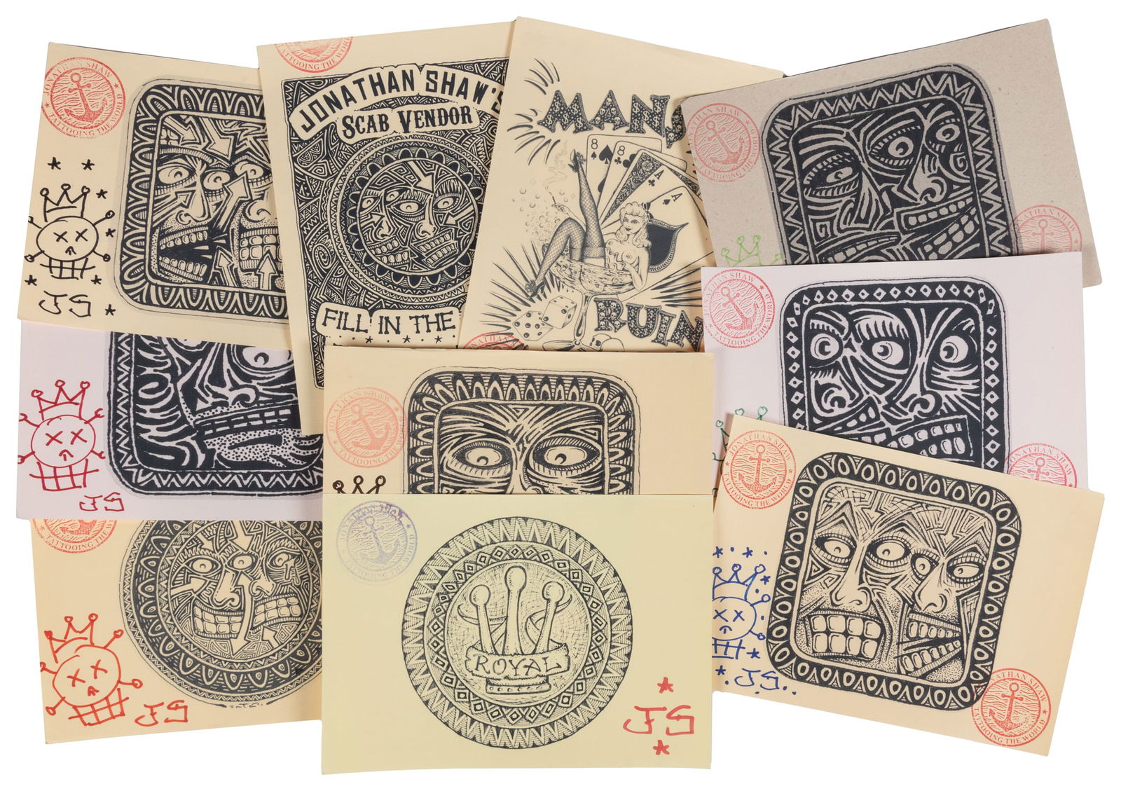 SHAW, Jonathan (1953 - ). Over 30 prints.: SHAW, Jonathan (1953 - ). Over 30 prints. Approximately 35 offset prints, and two small ink drawings, each signed/monogrammed, hand-stamps, and the two drawings with Fun City stickers. 11 3/4 x 8 1/2"