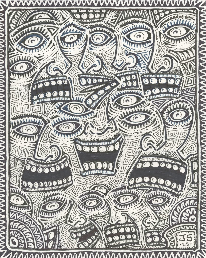 [TATTOO]. SHAW, Jonathan (American, b. 1953) Untitled. (Cra...: [TATTOO]. SHAW, Jonathan (American, b. 1953) Untitled. (Crazy Faces), 2025. Pen and Ink drawing. Signed and dated to the lower right margin. 10" x 8". Unframed. Shaw is the son of big band leader Arti