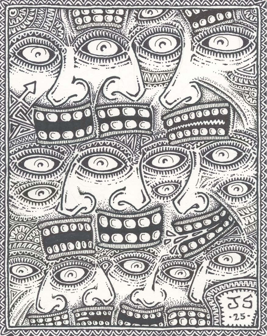 [TATTOO]. SHAW, Jonathan (American, b. 1953) Untitled. (Cra...: [TATTOO]. SHAW, Jonathan (American, b. 1953) Untitled. (Crazy Faces), 2025. Pen and ink drawing. Signed and dated to the lower right margin. 10" x 8". Unframed. Shaw is the son of big band leader Arti
