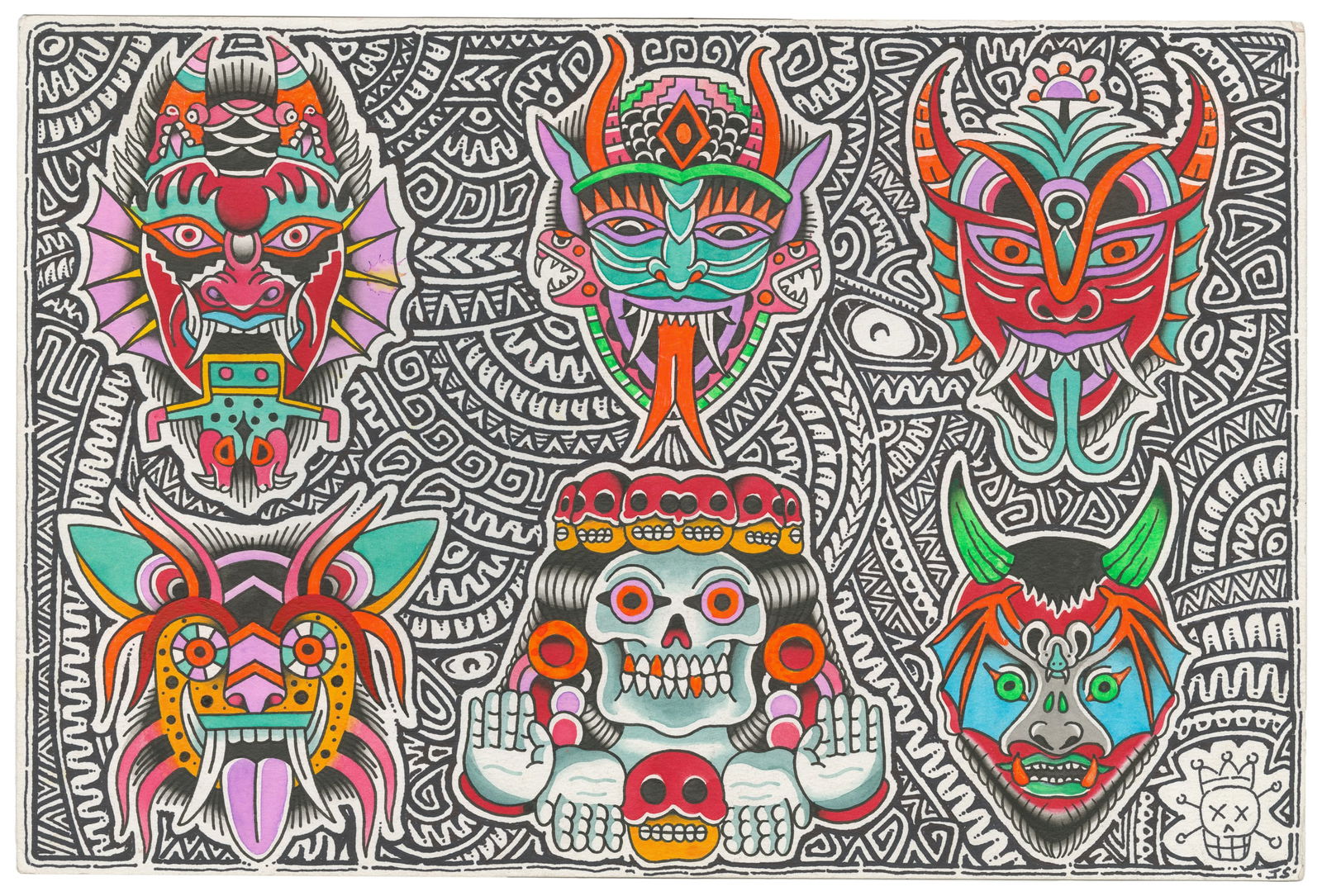 SHAW, Jonathan (1953 - ). Drawing (masks).: SHAW, Jonathan (1953 - ). Drawing (masks). Ink and watercolor on paper. With stencil flash print-out applied to reverse. 12 x 18".