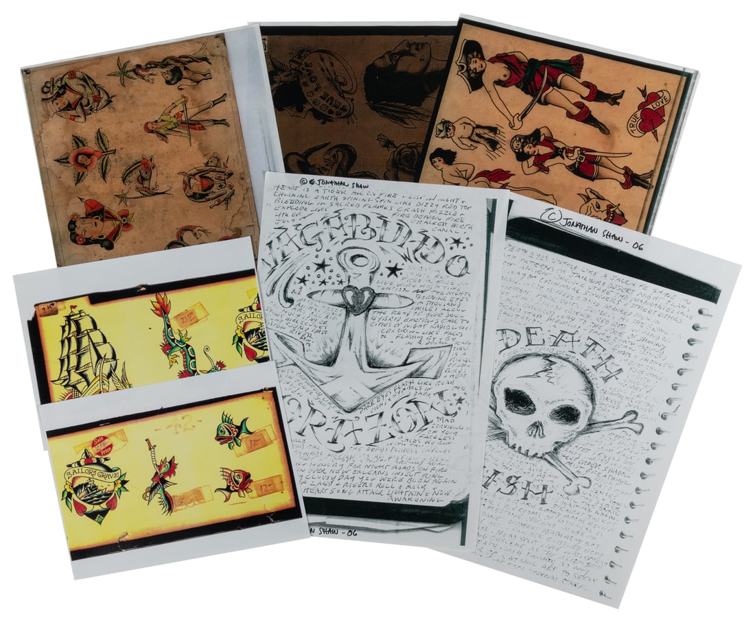 Large group of Jonathan Shaw's tattoo flash copies.: Large group of Jonathan Shaw's tattoo flash copies. A large mailer filled with 200+ modern photocopies and printed color scans of early and vintage tattoo flash, including some of his own work and of