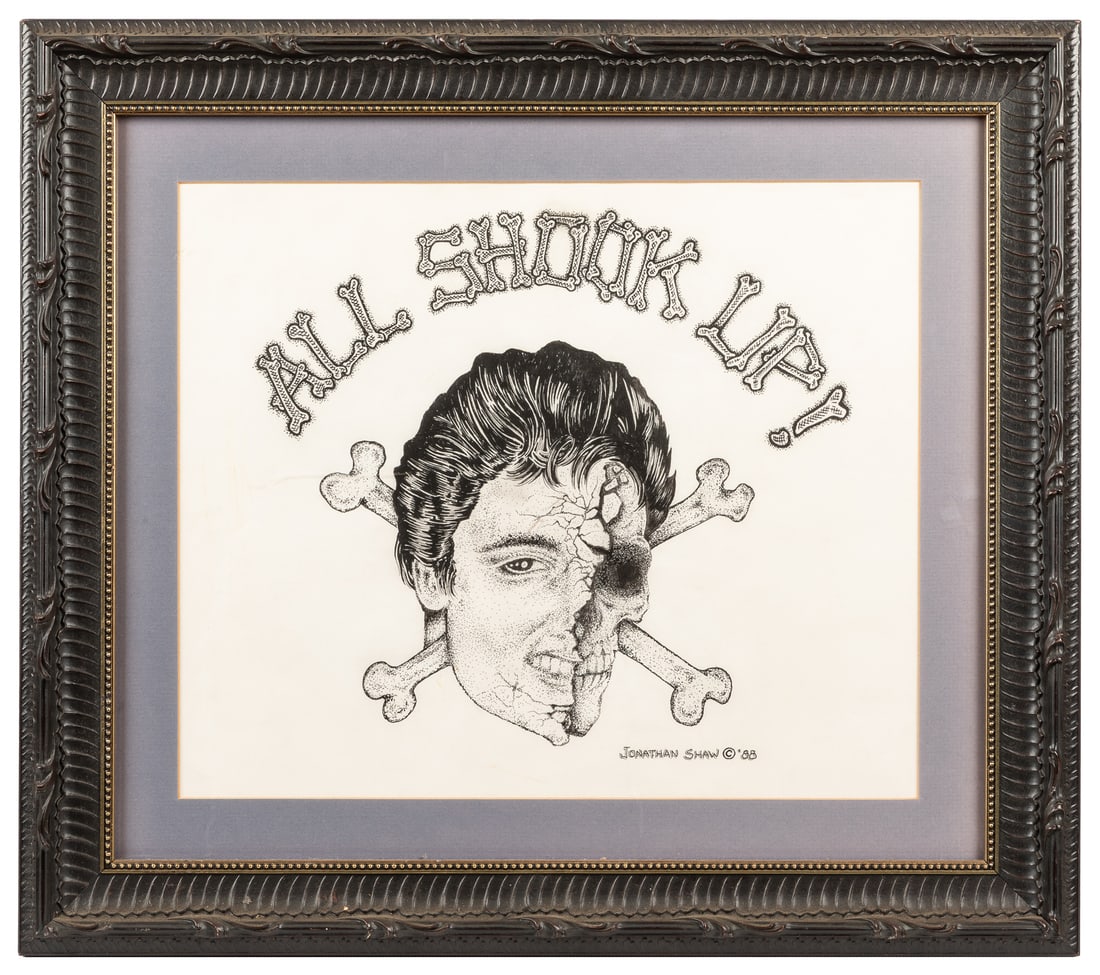 SHAW, Jonathan (American, b. 1953). All Shook Up!: SHAW, Jonathan (American, b. 1953). All Shook Up! Signed, dated '88, and inscribed with the title in the work. Pen and ink on paper. Sight 12 1/4 x 14 3/4". Including frame 18 1/2 x 21 1/4 x 1 1/2". 