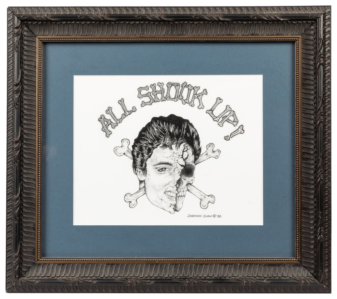 SHAW, Jonathan (American, b. 1953). All Shook Up!: SHAW, Jonathan (American, b. 1953). All Shook Up! Signed, dated '88, and inscribed with the title in the work. Print. Sight 8 x 10". Including frame 15 x 17 1/4 x 1 1/2". Shaw founded NYC’s