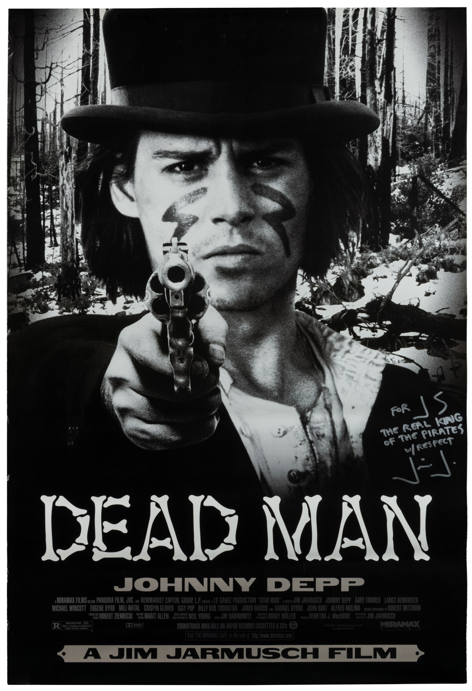 Dead Man. Miramax Films, 1996.: Dead Man. Miramax Films, 1996. Poster signed and inscribed by Jim Jarmusch: "For JS / The real king of the pirates / w/ respect." An acid western film written and directed by Jarmusch. 39 3/4 x 27".
