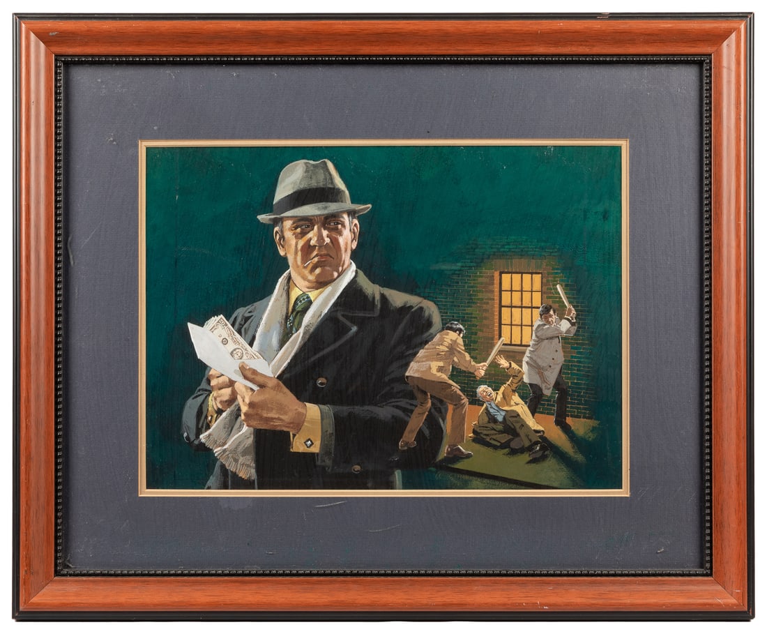 Original Book Cover Art for "Mafia: Operation Loan Shark" by Don Romano.: Original Book Cover Art for "Mafia: Operation Loan Shark" by Don Romano. Unsigned. Circa 1970s. Gouache. Sight 10 1/2 x 14 1/2". Including frame 18 1/2 x 22 1/2 x 1 1/4". Provenance: Collection of Jon