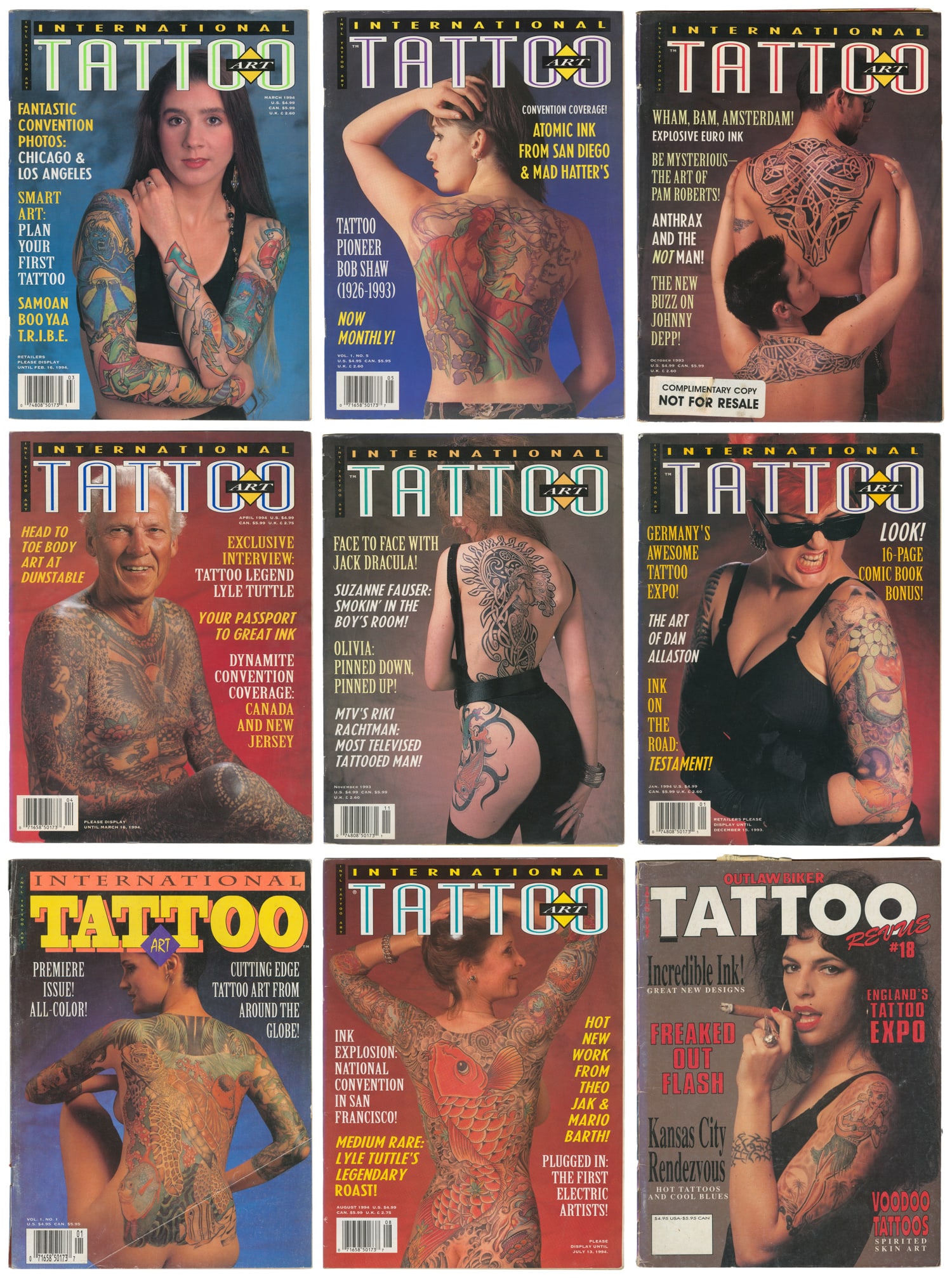 Group of 9 Vintage Tattoo Magazines.: Group of 9 vintage tattoo magazines. 1990s. Nine magazines, including eight issues of International Tattoo Art, including the first issue; and one issue of Outlaw Biker Tattoo #18. Original color wrap