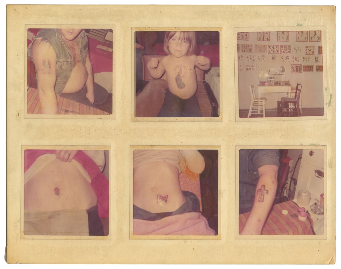 Six 1960s photos of tattoos from unknown biker tattoo shop.: Six 1960s photos of tattoos from unknown biker tattoo shop. Color snapshots mounted on illustration board. One image depicts the tattooing station with flash above on the wall; in another a child is d