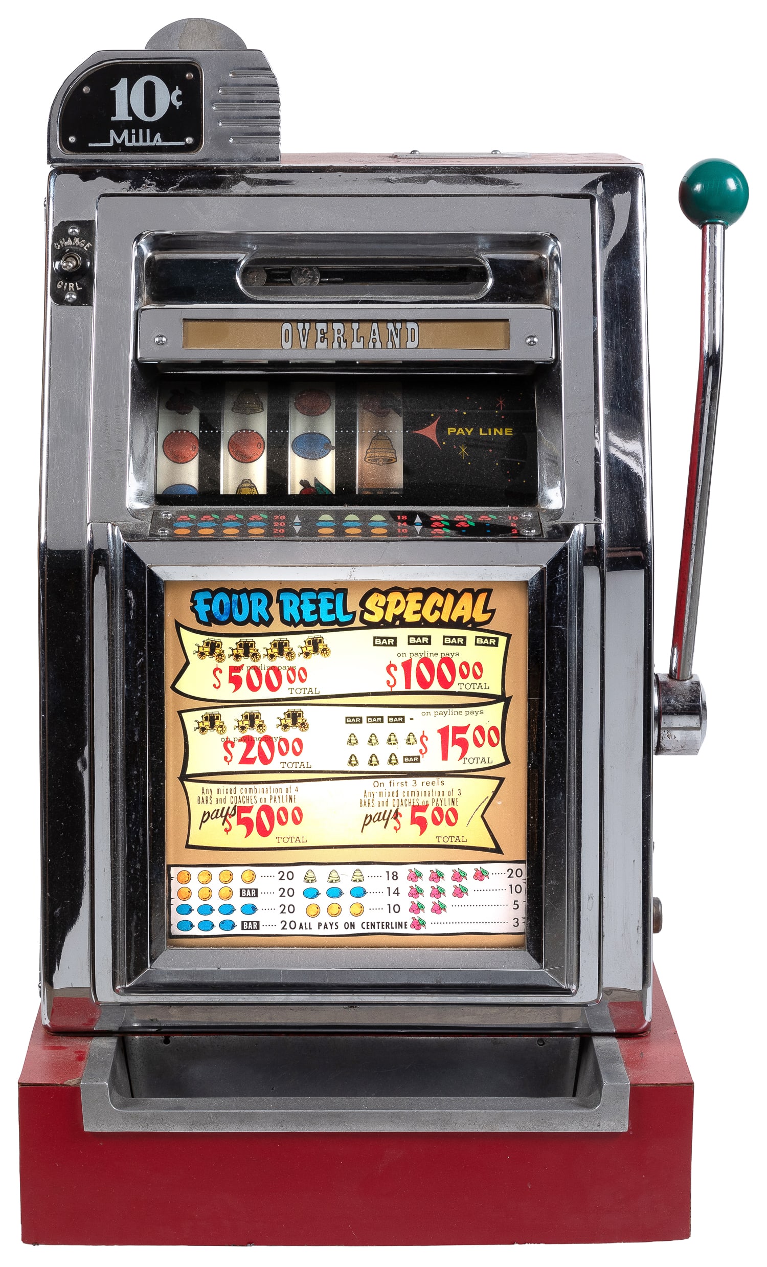 Mills 10 Cent Bell-O-Matic Overland Slot Machine. Chicago: Mills Novelty, ca. 1955. (1 of 3)