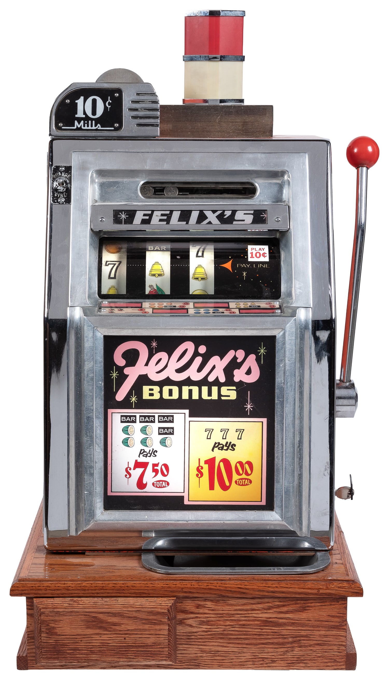 Mills 10 Cent Bell-O-Matic Felix's Bonus Slot Machine. Chicago: Mills Novelty, ca. 1952. (1 of 3)