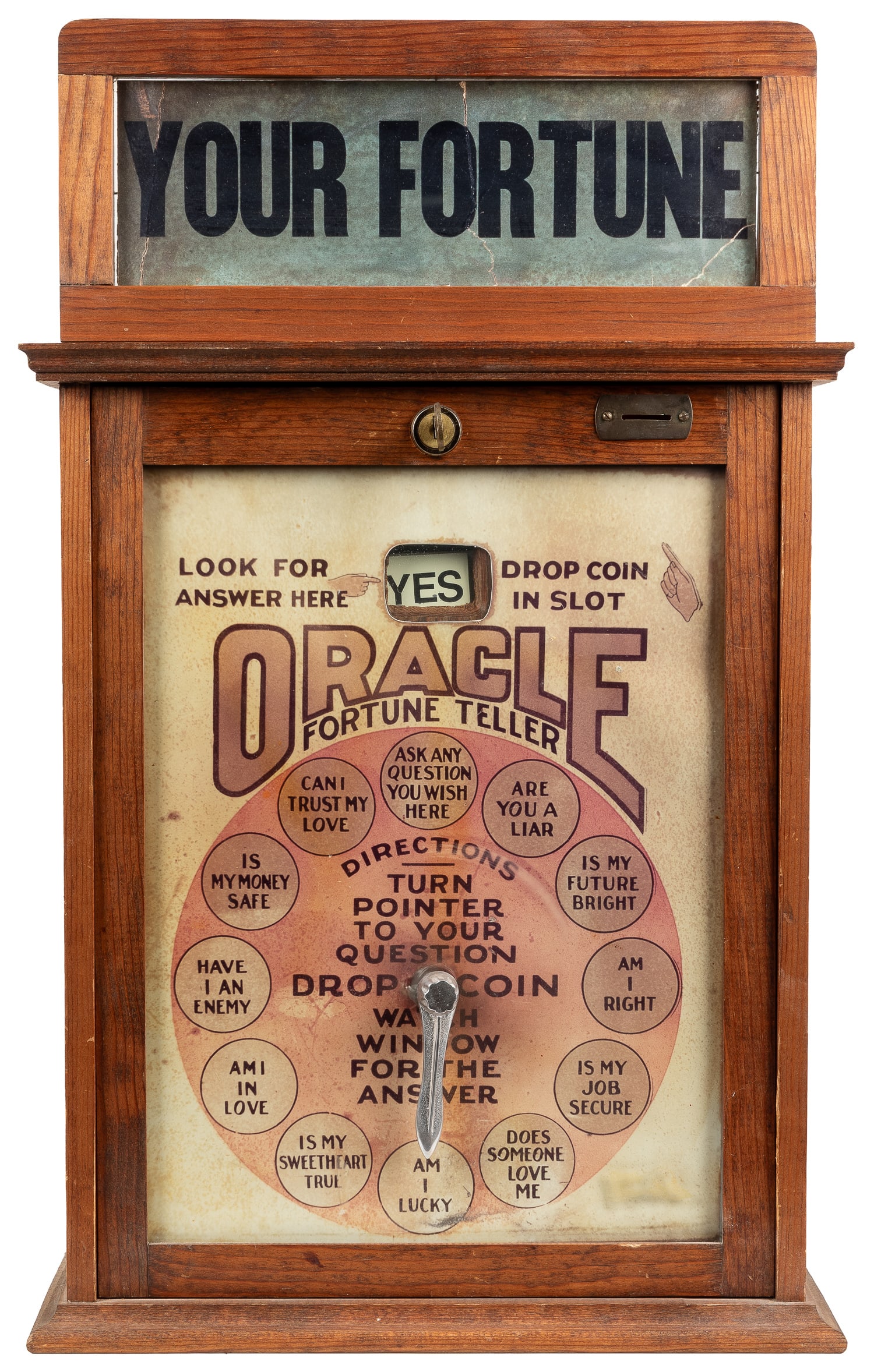 Reproduction Oracle Fortune Teller penny machine.: Reproduction Oracle Fortune Teller penny machine. Penny-operated fortune-teller with metal arrow pointing to various questions on the dial; when penny is inserted placard in window displays yes or no