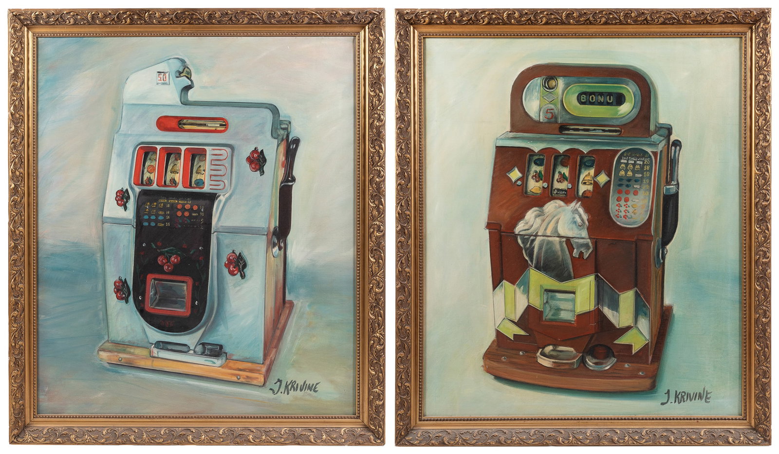 KRIVINE, J. (unknown dates). Pair of Mills Novelty Co. Slot Machine Paintings. Circa 1960s. (1 of 3)