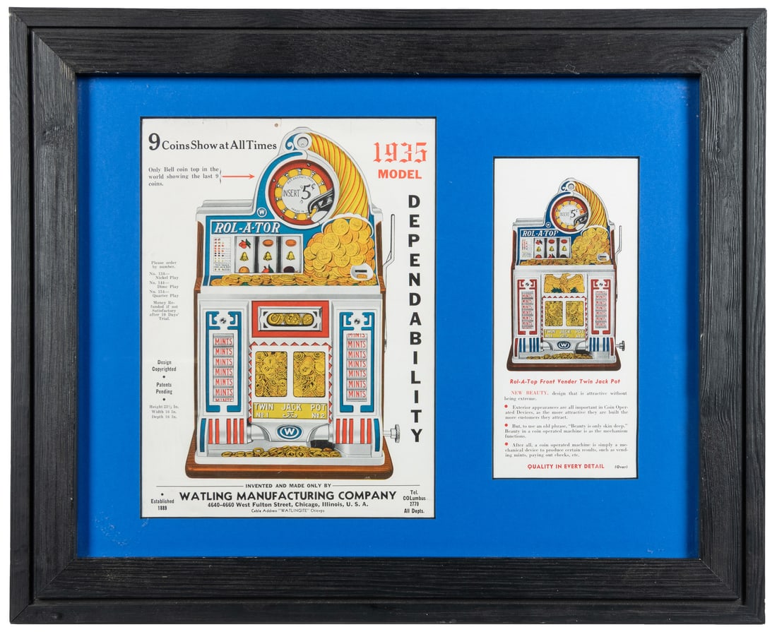 Watling Rol-A-Tor Slot Machine 1935 Model Advertisement. Chicago, ca. mid-20th century.: Watling Rol-A-Tor Slot Machine 1935 Model Advertisements. Chicago, ca. mid-20th century. Pair of advertisements framed together. Features detailed illustrations and descriptions of the machine's