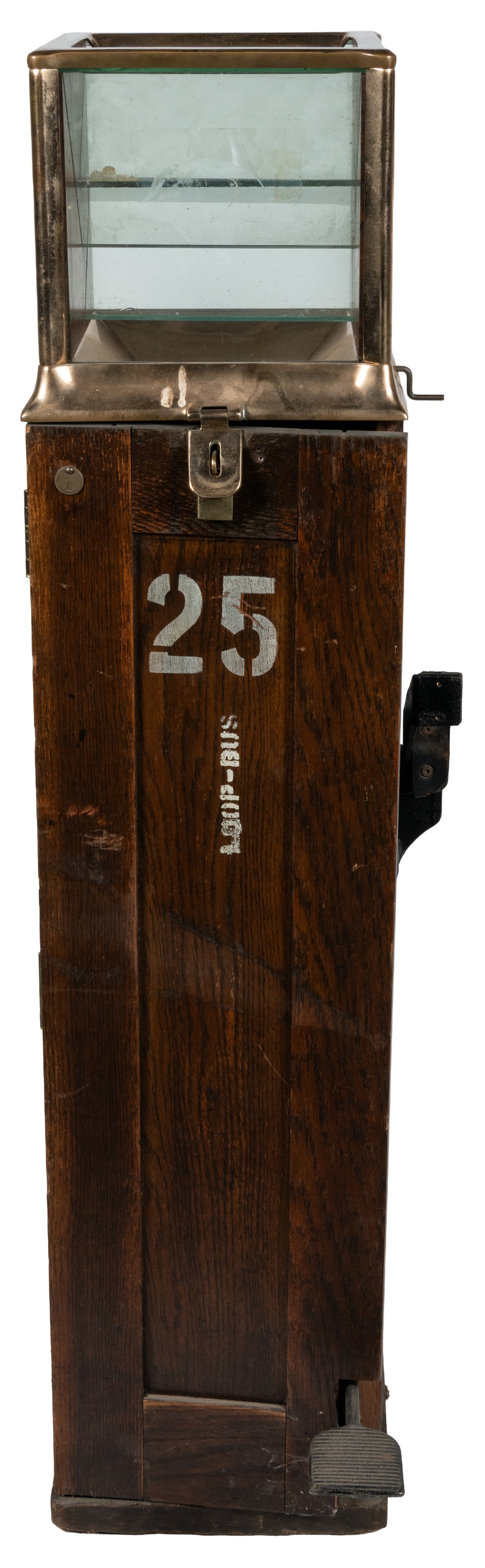 H.V. Bright turnstile ticket box.: H.V. Bright turnstile ticket box. Cleveland, ca. 1910s. Ticket chopper box, wooden body with maker's plaque on reverse, stenciled "State of Minn." lettering and "Loop-Bus" with numerals on front.