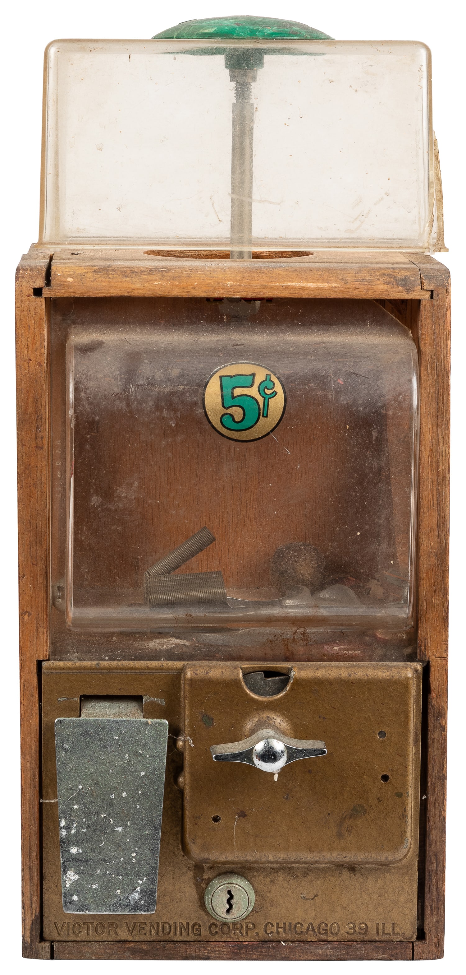 Victor 5 Cent Baby Grand Gum Ball Vendor. Chicago: ca. 1950s.: Victor 5 Cent Baby Grand Gum Ball Vendor. Chicago: ca. 1950s. Wooden case. Lock turns, no key. 16 x 7 1/4 x 7 1/4".