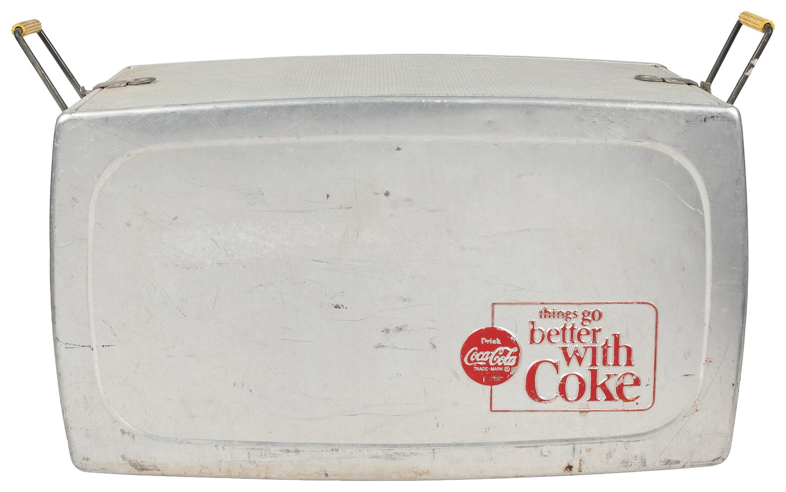 Things Go Better with Coke cooler.: Things Go Better with Coke cooler. Circa 1970s. Sturdy metal cooler with side handles, latches, and embossed Coke advertising. Marked by Progress Refrigerator Co., Louisville. With bottle opener on