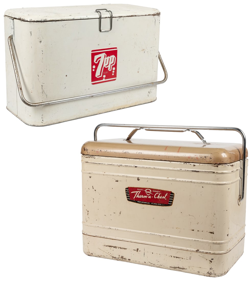7 Up cooler, and K-M Therma-Chest.: 7 Up cooler, and K-M Therma-Chest. Sturdy metal cooler marked by Progress Refrigerator Company, Louisville, with lid and handle. 12 x 18 x 9". [With]: a Knapp-Monarch Therma-Chest cooler, similar