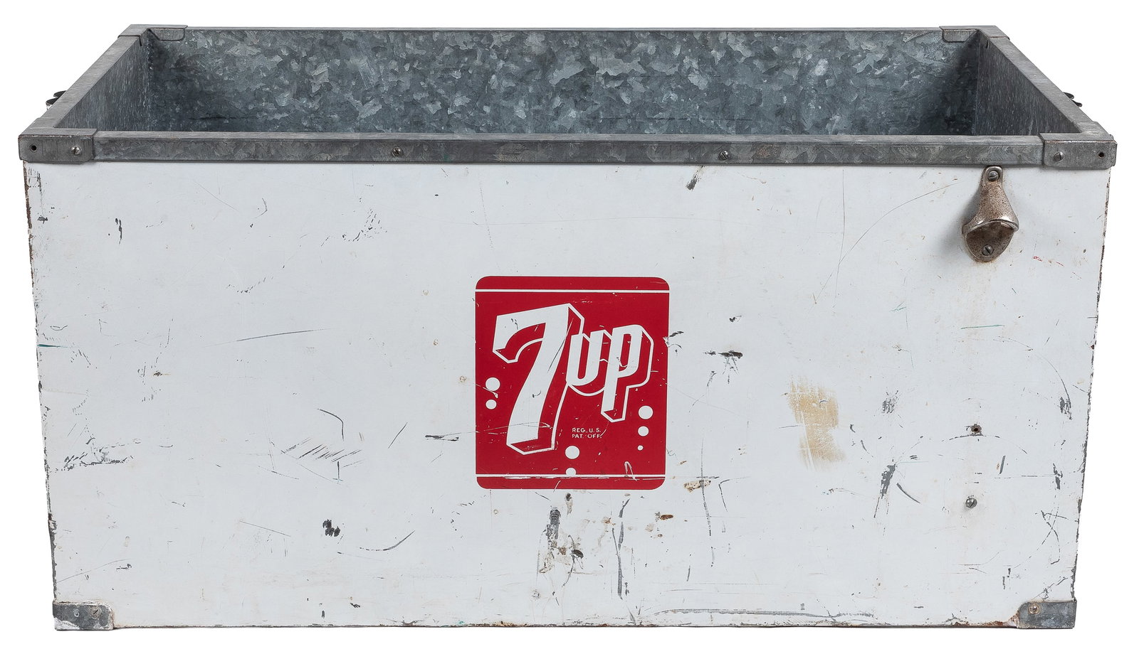 7 Up cooler.: 7 Up cooler. Bottle opener on front. 17 x 35 1/2 x 17 1/2".