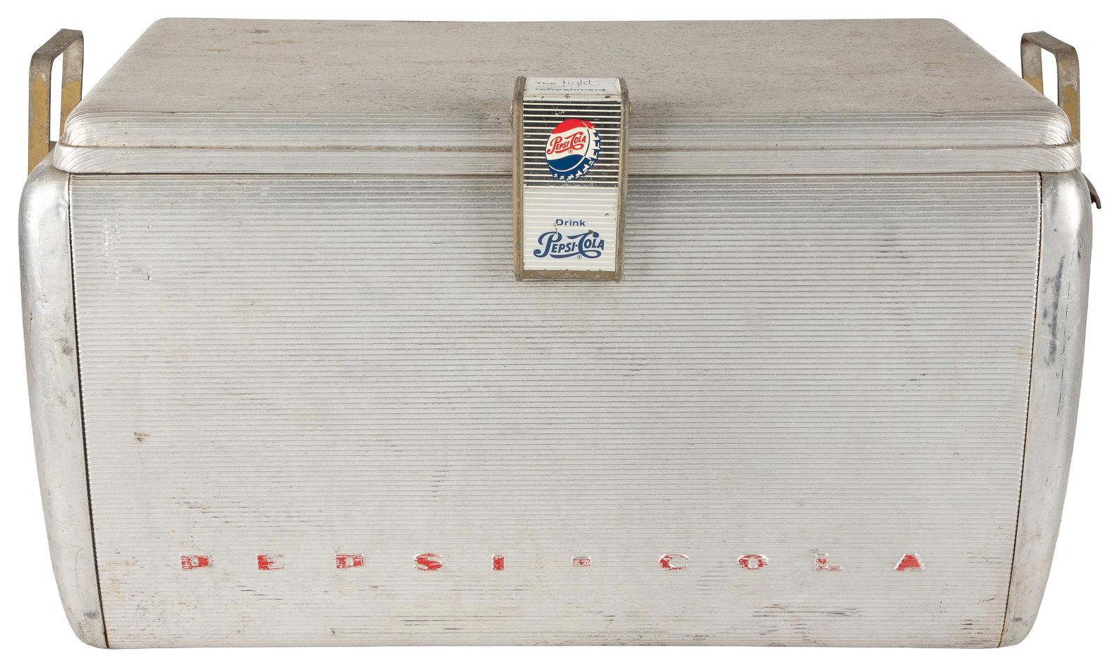 Pepsi-Cola cooler.: Pepsi-Cola cooler. Circa 1960s-70s. Metal cooler with handles, clasp, and raised painted lettering. 12 1/2 x 23 x 14".