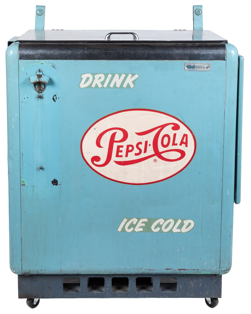 Pepsi-Cola Ideal Dispenser Co. vending machine / cooler.: Pepsi-Cola Ideal Dispenser Co. vending machine / cooler. Top-loading cooler / vending machine, with Ideal plaque on front, painted blue with Pepsi decal. 40 x 34 x 17 1/2". Third-party