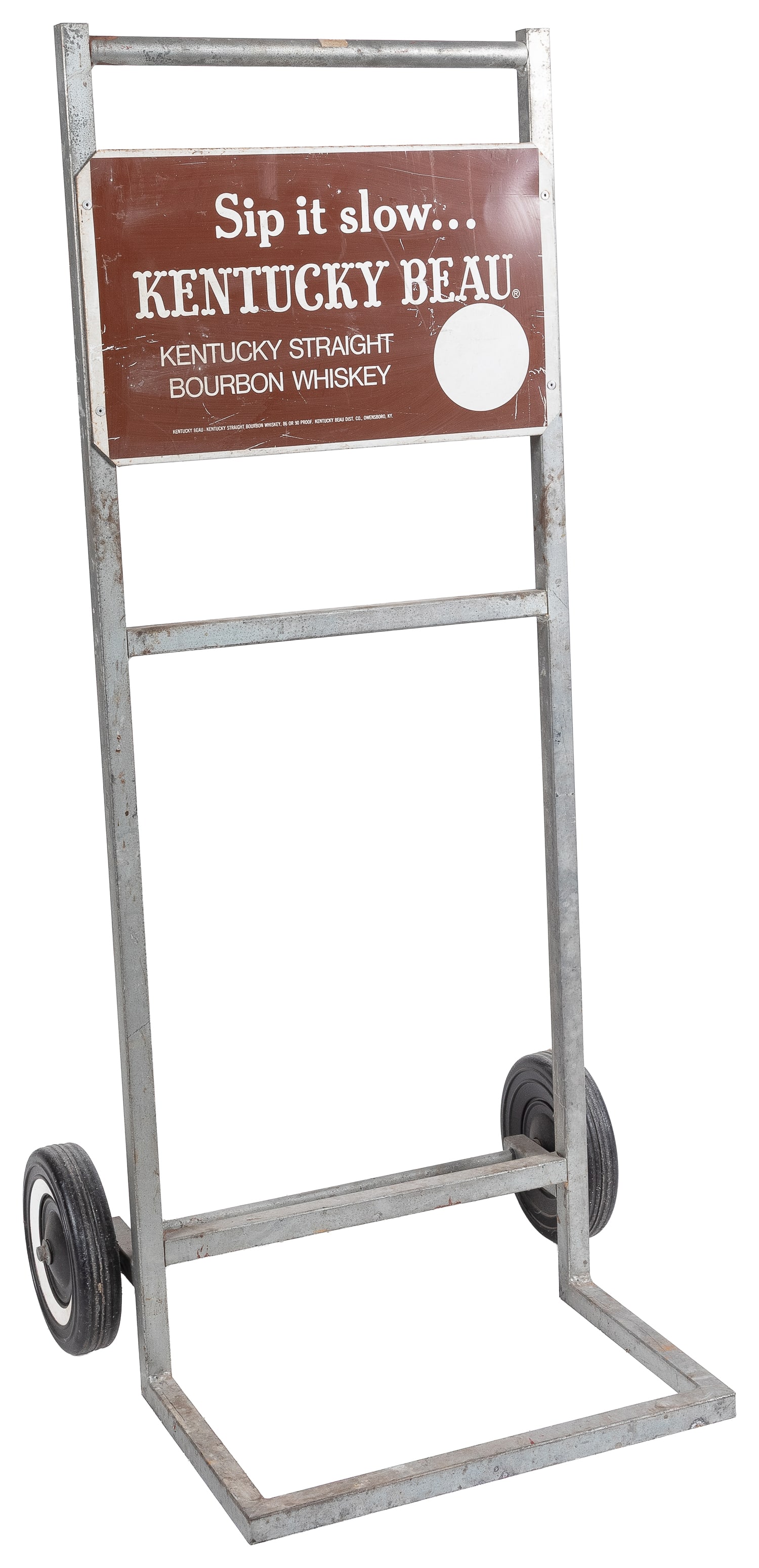 Kentucky Beau Bourbon Whiskey advertising dolly.: Kentucky Beau Bourbon Whiskey advertising dolly. 38 x 14 x 15".