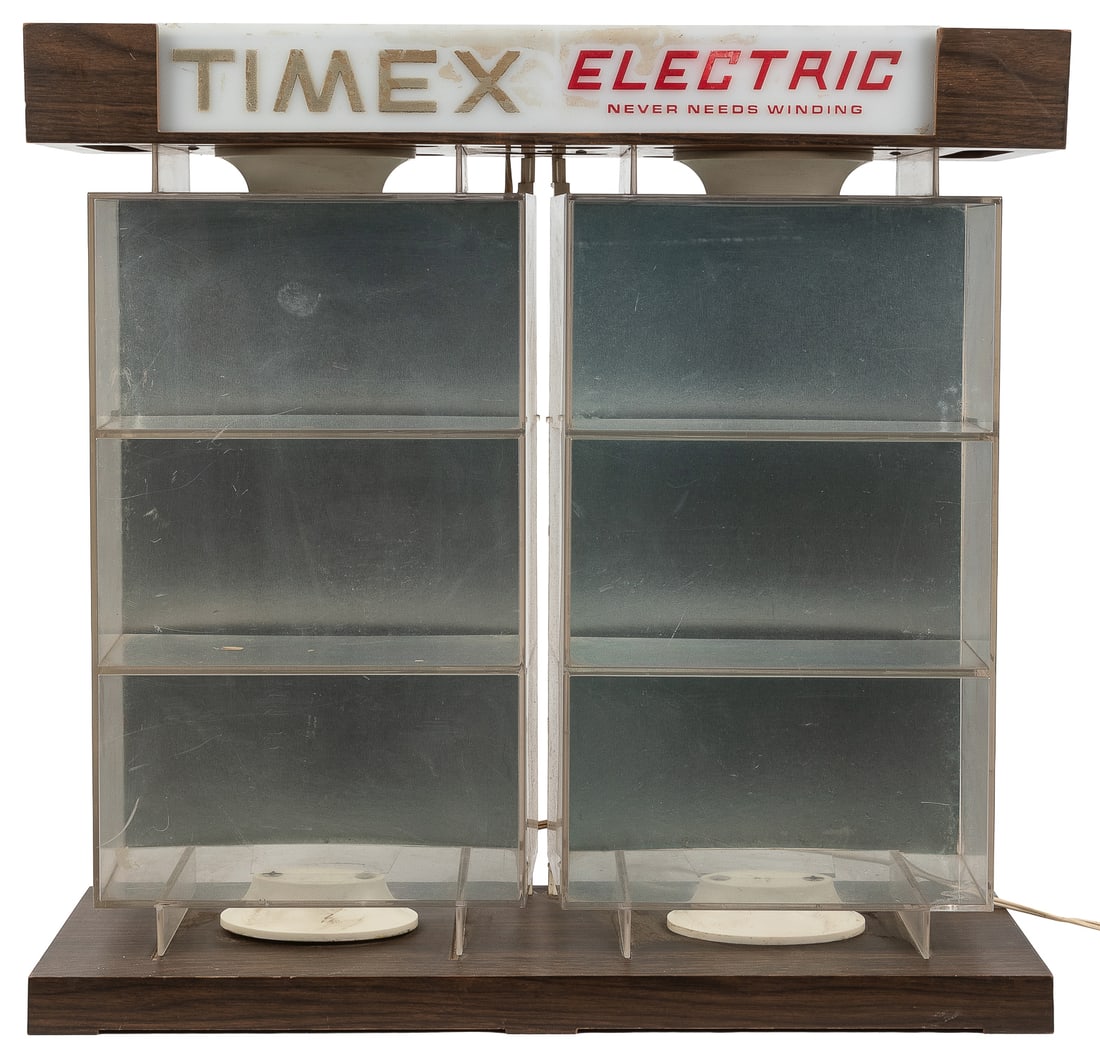 Timex Electric watches display case.: Timex Electric watches display case. Circa 1970s-80s. Plastic/acrylic counter display case with fluorescent lighting. 21 x 21 1/2 x 7".