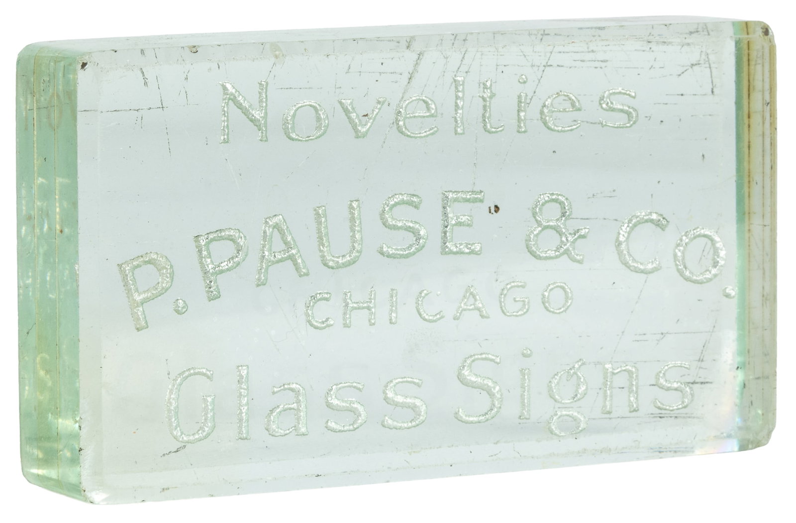 P. Pause & Co. Chicago Novelties Glass Signs paperweight. (1 of 2)