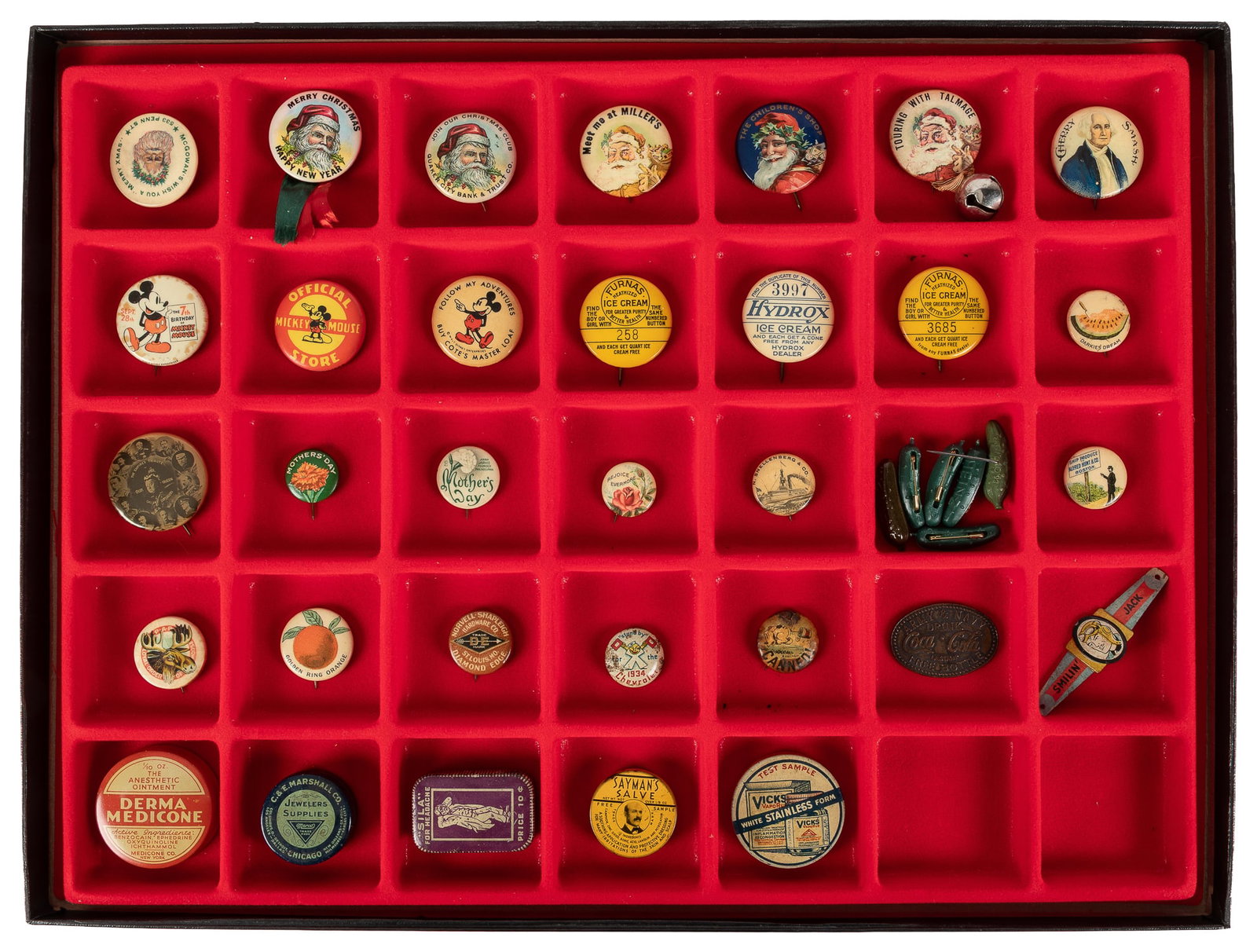 [PINS]. Tray of over 30 assorted advertising pins and small tins. (1 of 1)
